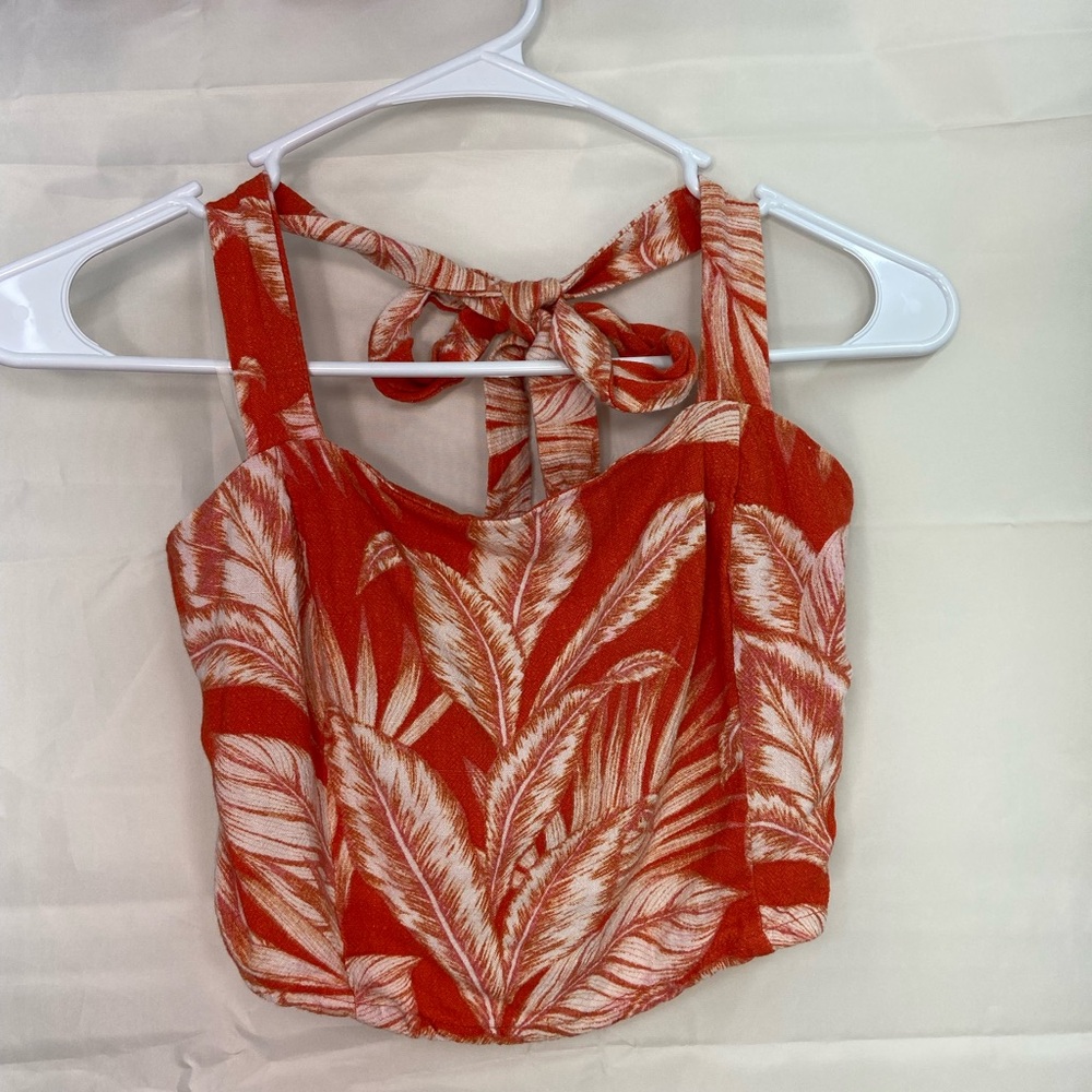 Aeropostale women’s orange leaf‎ cropped elastic halter summer tie top medium